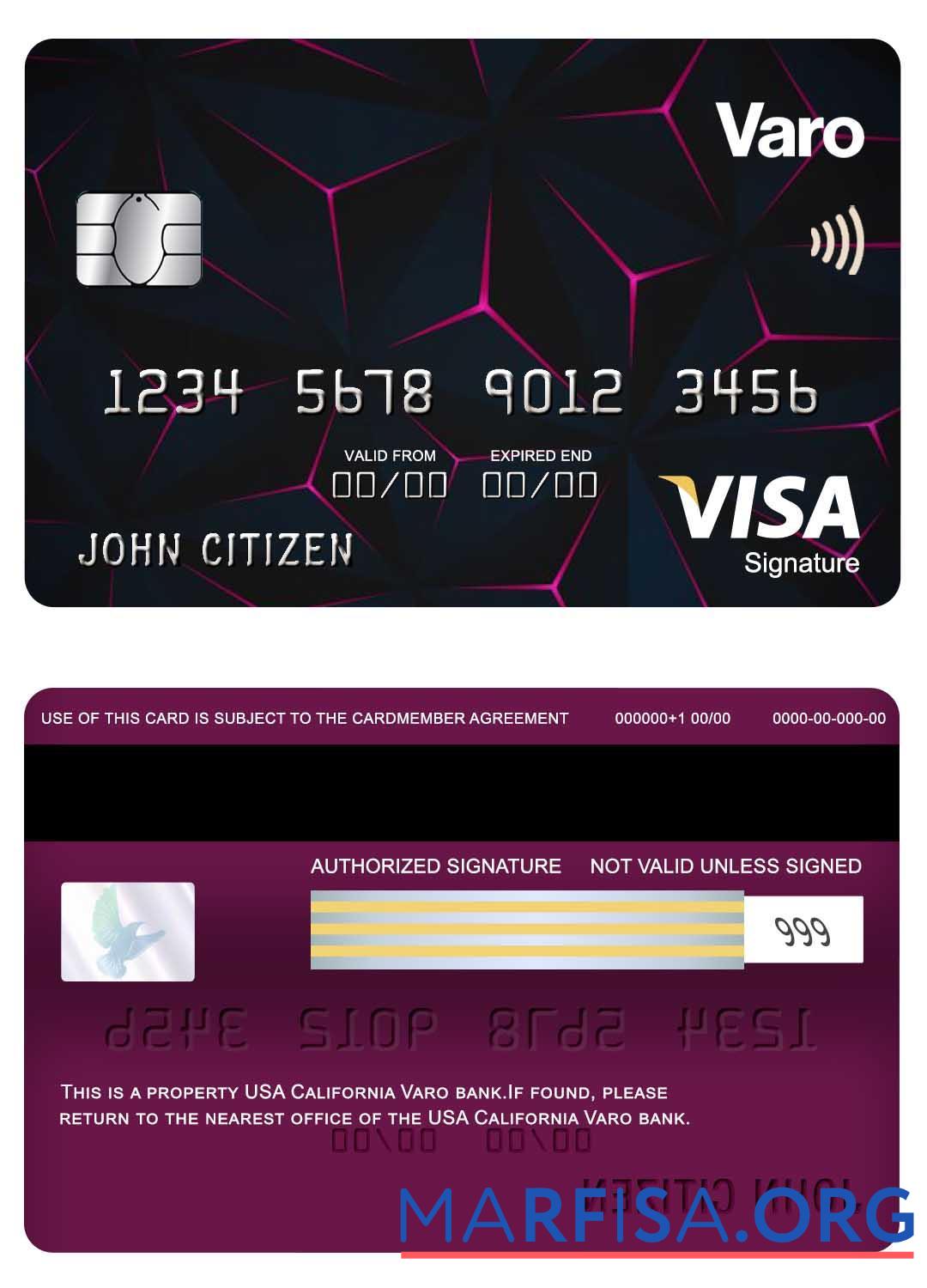 Realistic USA California Varo bank visa signature card real example